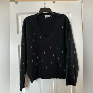 27 Miles Malibu V-Neck 100% Cashmere Black &Silver Lightning Bolt Sweater